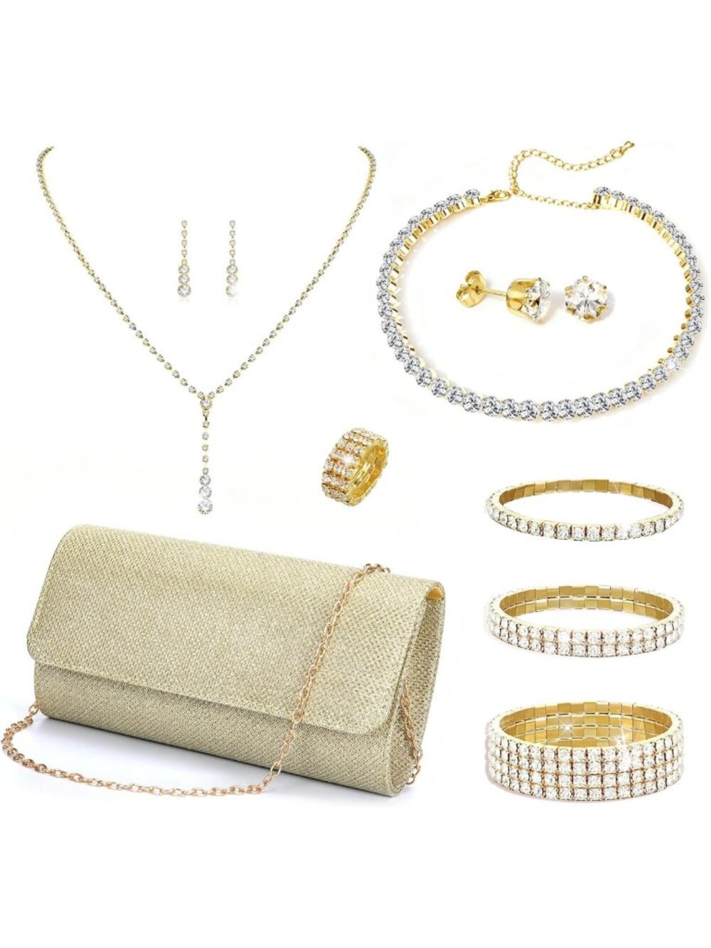 11-Piece Crystal Clutch Purse & Rhinestone Jewelry Set for Women - Shiny